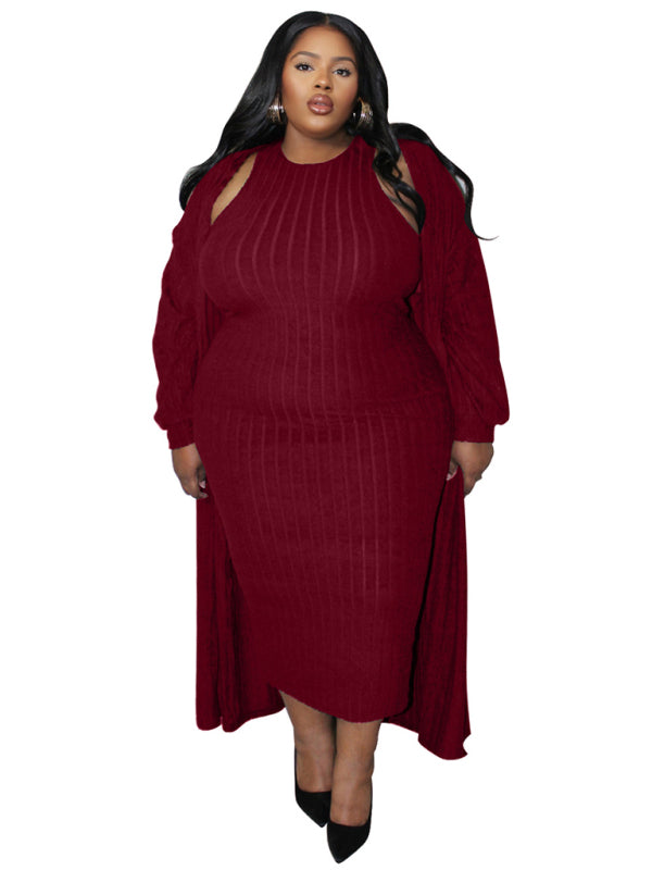 Outfit Set - Ribbed Plus Size Dress & Cardigan Set for Office to Evening