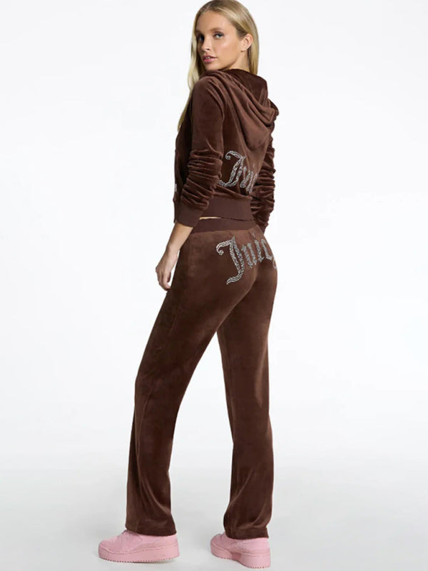 Outfit Set - Velvet 2 Piece Tracksuit Hoodie & Velour Flared Pants