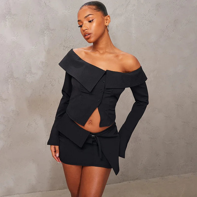 Outfit Sets - Asymmetrical Off-Shoulder Top and Mini Skirt Set for Runway