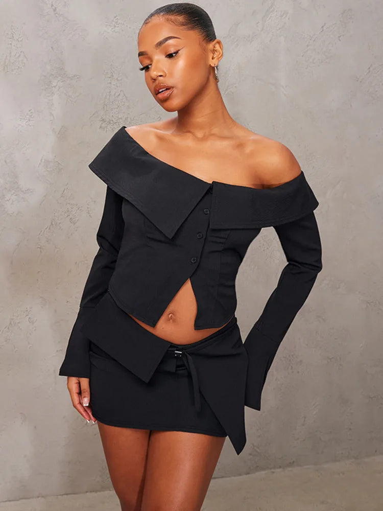 Outfit Sets - Asymmetrical Off-Shoulder Top and Mini Skirt Set for Runway