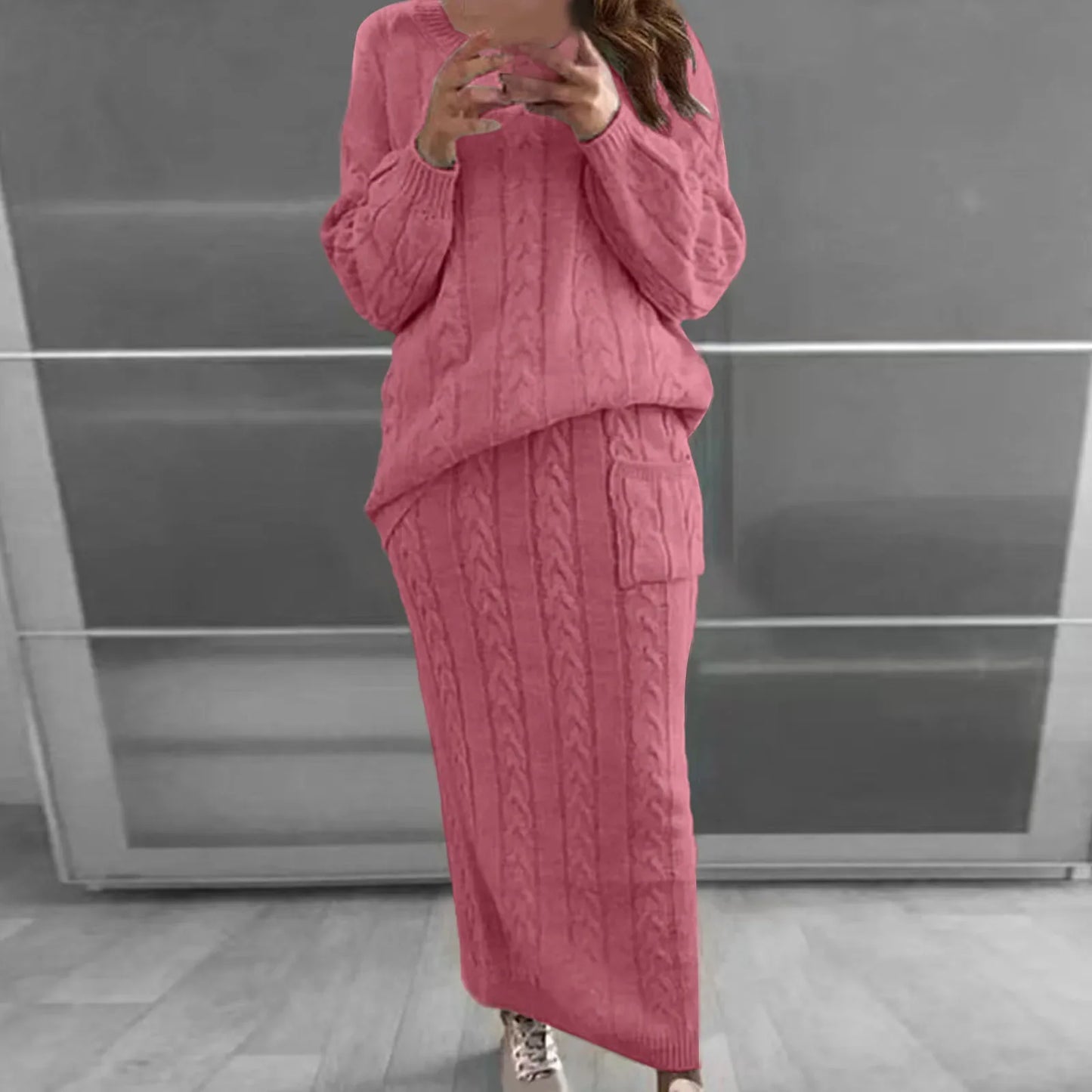 Outfit Sets - Cozy Knitwear 2-Piece Cable Knit Skirt & Sweater Set