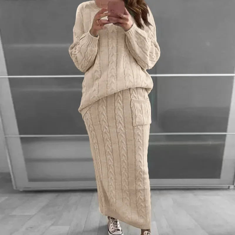 Outfit Sets - Cozy Knitwear 2-Piece Cable Knit Skirt & Sweater Set