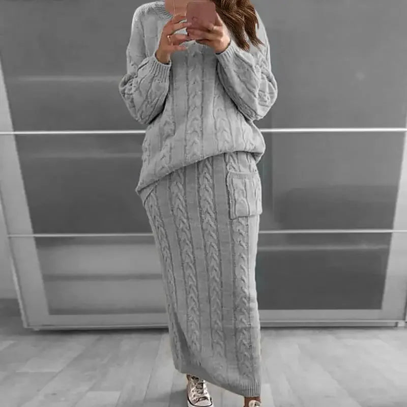 Outfit Sets - Cozy Knitwear 2-Piece Cable Knit Skirt & Sweater Set