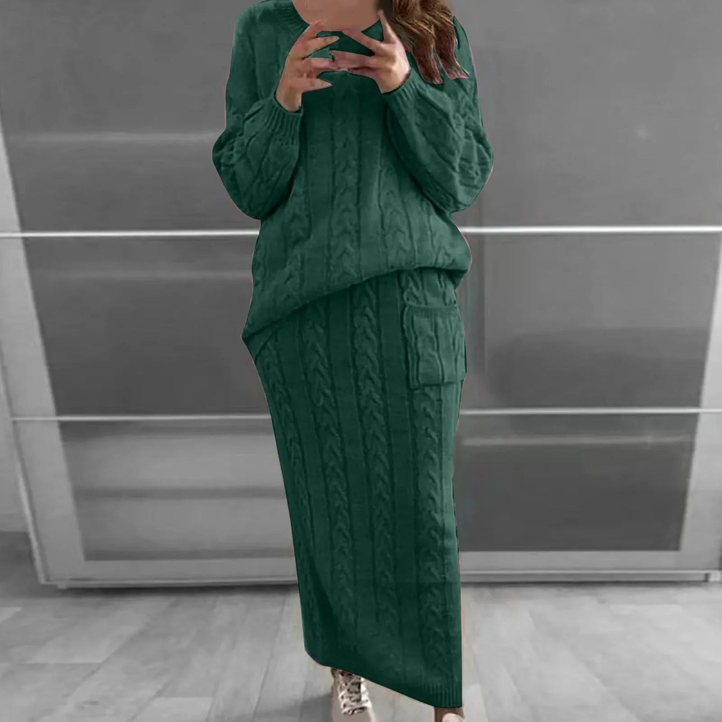 Outfit Sets - Cozy Knitwear 2-Piece Cable Knit Skirt & Sweater Set