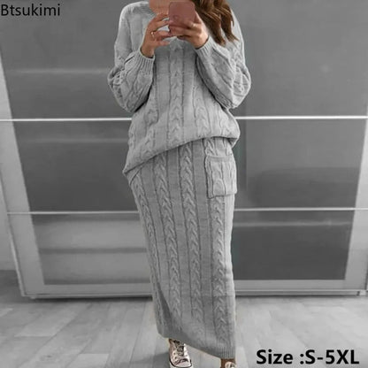 Outfit Sets - Cozy Knitwear 2-Piece Cable Knit Skirt & Sweater Set