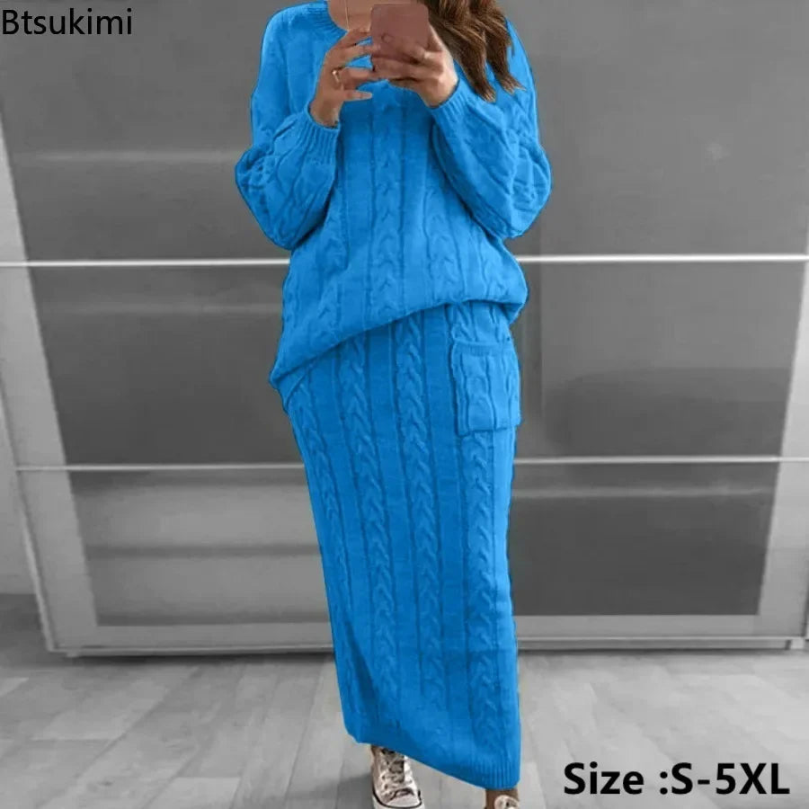 Outfit Sets - Cozy Knitwear 2-Piece Cable Knit Skirt & Sweater Set