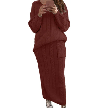 Outfit Sets - Cozy Knitwear 2-Piece Cable Knit Skirt & Sweater Set