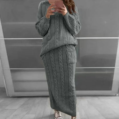 Outfit Sets - Cozy Knitwear 2-Piece Cable Knit Skirt & Sweater Set