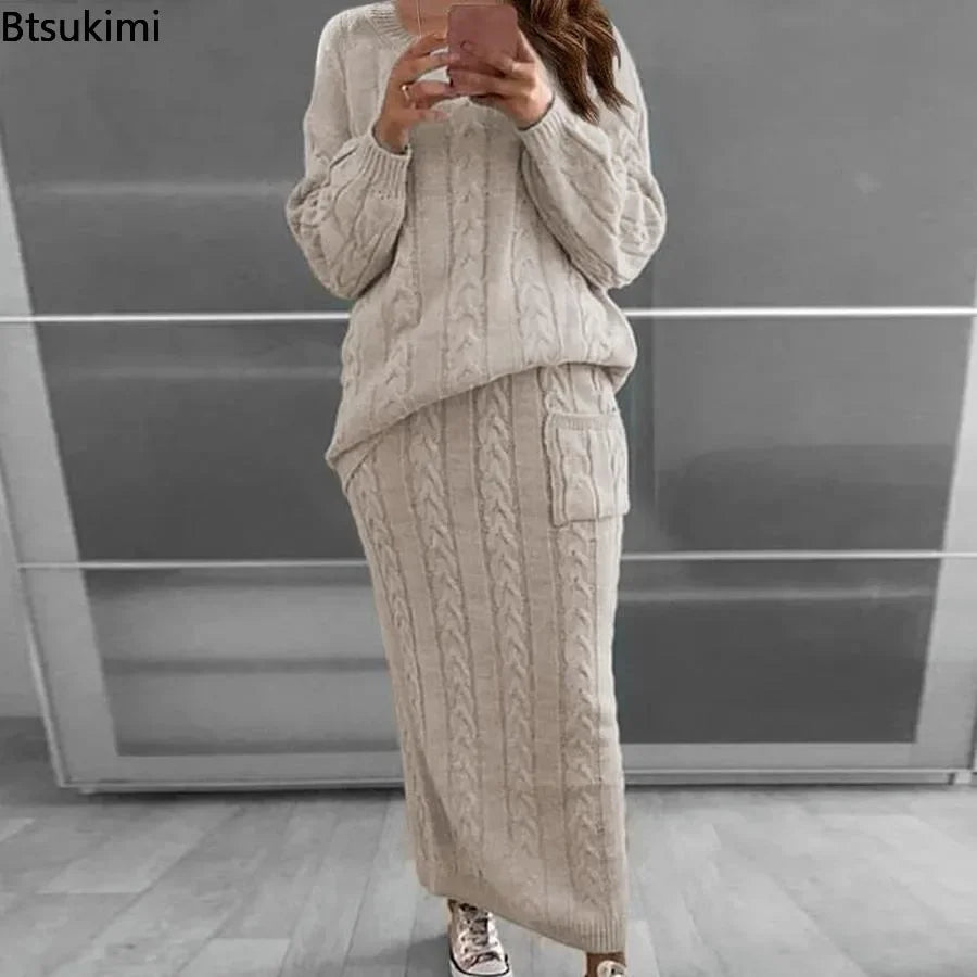 Outfit Sets - Cozy Knitwear 2-Piece Cable Knit Skirt & Sweater Set