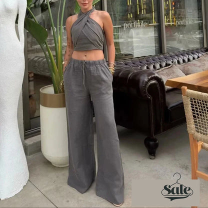 Outfit Sets - Draped Crop Top & Flowy Wide-Leg Pant Set for Beach Outings