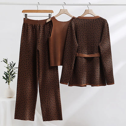 Outfit Sets - Geometric Knit Matching Set: Cardigan, Pants, and Tank Top