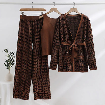 Outfit Sets - Geometric Knit Matching Set: Cardigan, Pants, and Tank Top