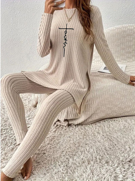 Outfit Sets - Neutral Ribbed Knit Leggings & Tunic Set - Stylish Loungewear