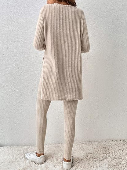 Outfit Sets - Neutral Ribbed Knit Leggings & Tunic Set - Stylish Loungewear