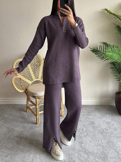 Outfit Sets - Ribbed Zip Loungewear Pants and Top