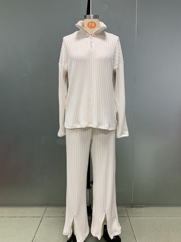 Outfit Sets - Ribbed Zip Loungewear Pants and Top