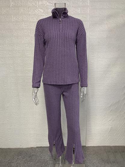 Outfit Sets - Ribbed Zip Loungewear Pants and Top