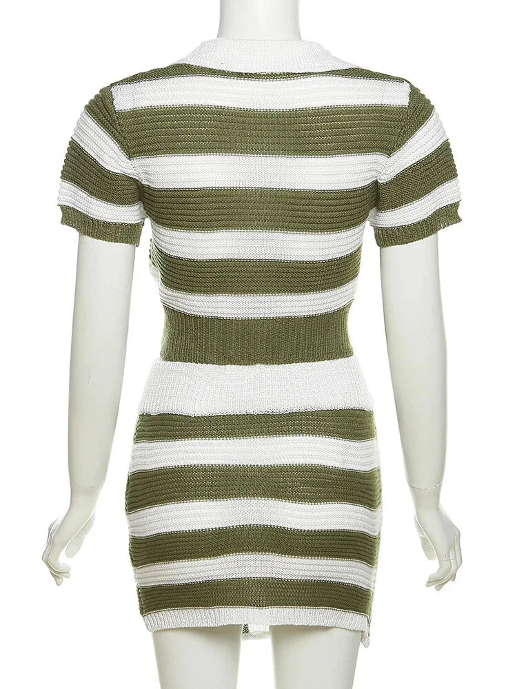 Outfit Sets - Stripe Knit Set for Trendy Outings Polo & Mini Skirt 2 Piece