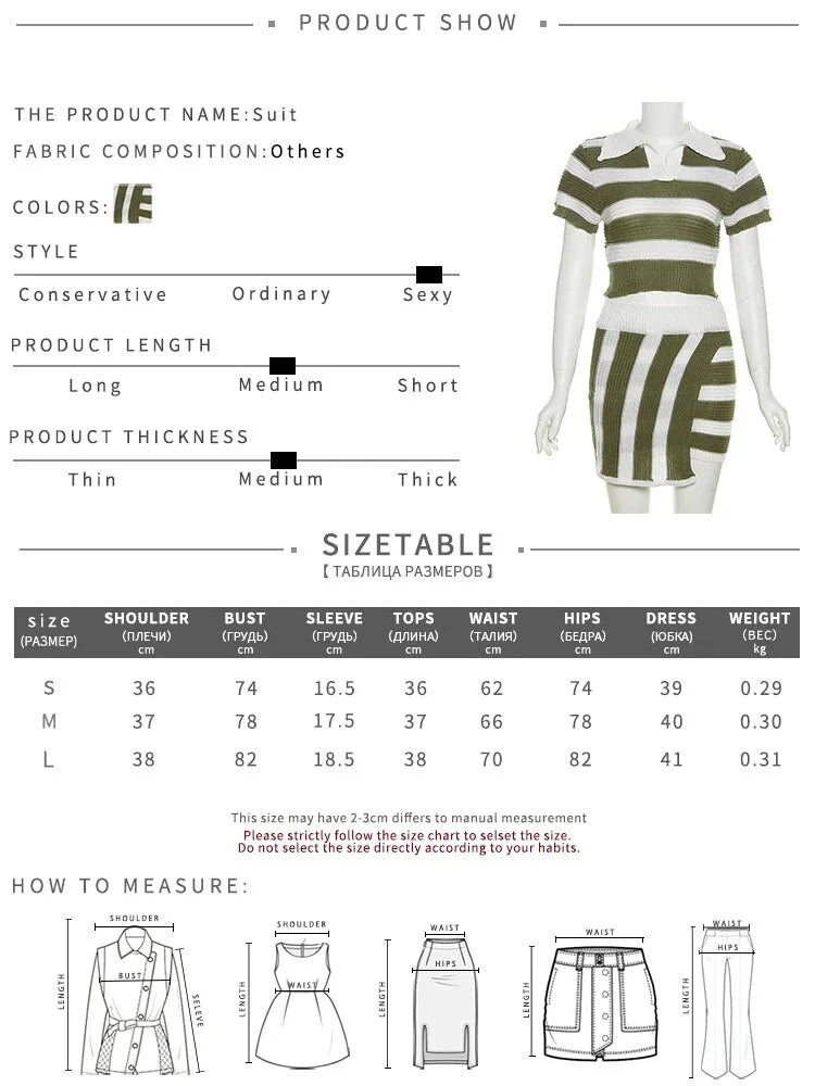 Outfit Sets - Stripe Knit Set for Trendy Outings Polo & Mini Skirt 2 Piece