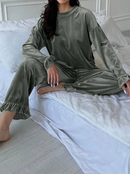 Outfit Sets - Velour Loungewear Frilled Pajama Set 2 Piece Velvet Pants & Top