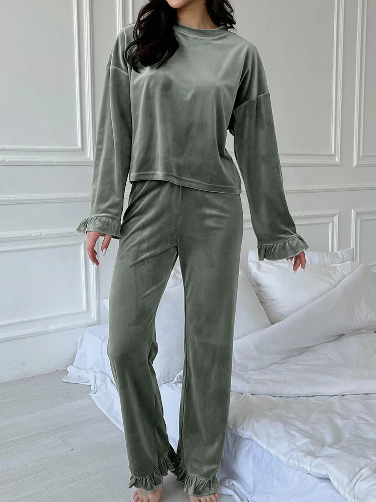 Outfit Sets - Velour Loungewear Frilled Pajama Set 2 Piece Velvet Pants & Top