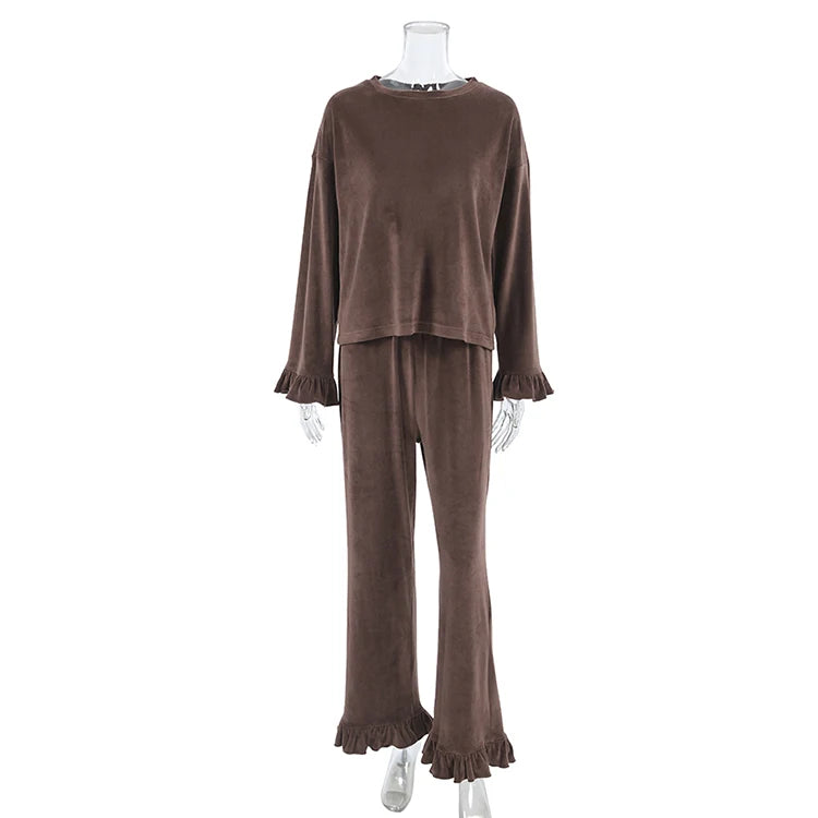 Outfit Sets - Velour Loungewear Frilled Pajama Set 2 Piece Velvet Pants & Top