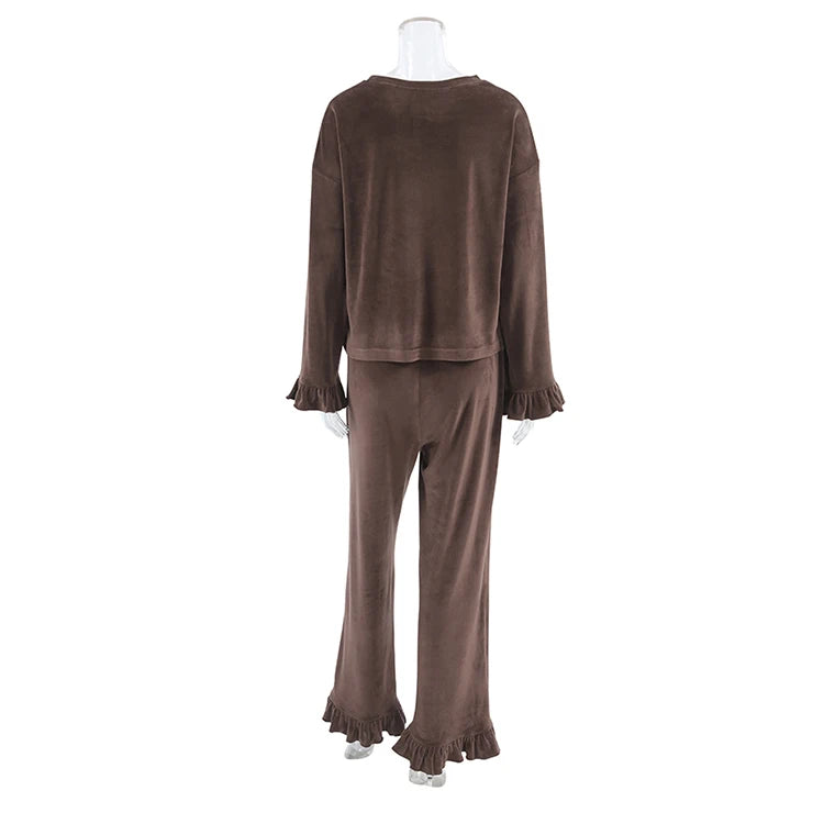 Outfit Sets - Velour Loungewear Frilled Pajama Set 2 Piece Velvet Pants & Top