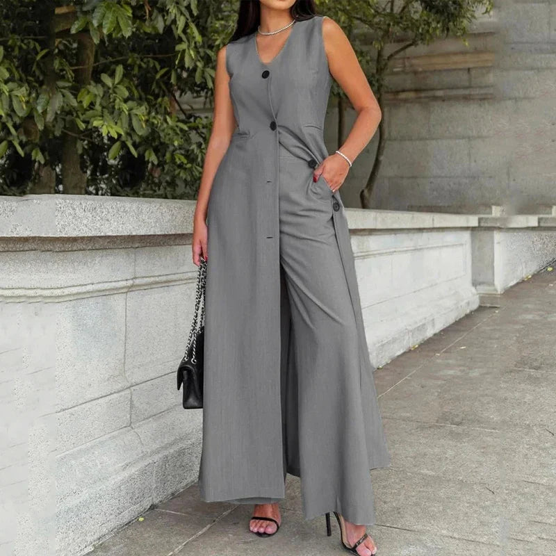 Outfit Sets- Women Tailored Business Outfit for Women Pants and Vest Dress- Dark gray- Pekosa Women Fashion