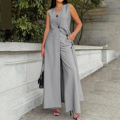 Outfit Sets- Women Tailored Business Outfit for Women Pants and Vest Dress- Grey- Pekosa Women Fashion