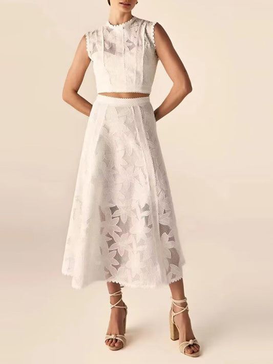 Outfits Sets - Romantic Lace Crop Top and A-Line Midi Skirt Set