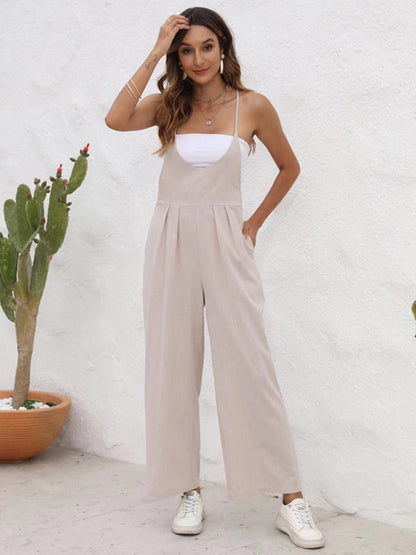 Overalls- Full-Length Bib Playsuit with Tie-Back - Women's Solid Overalls- Khaki- Pekosa Women Fashion