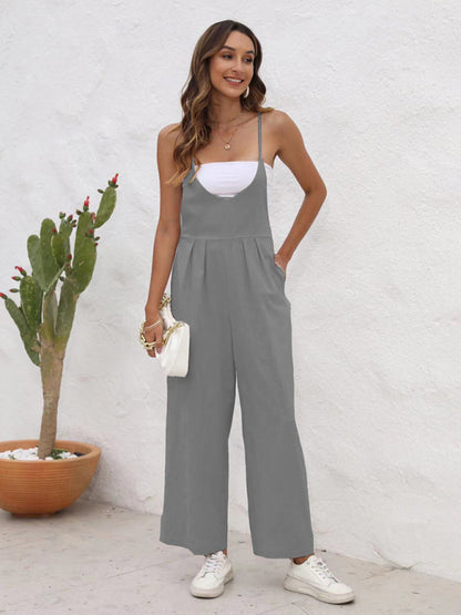 Overalls- Full-Length Bib Playsuit with Tie-Back - Women's Solid Overalls- - Pekosa Women Fashion