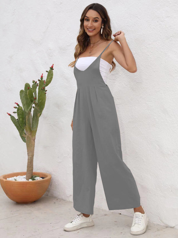 Overalls- Full-Length Bib Playsuit with Tie-Back - Women's Solid Overalls- - Pekosa Women Fashion