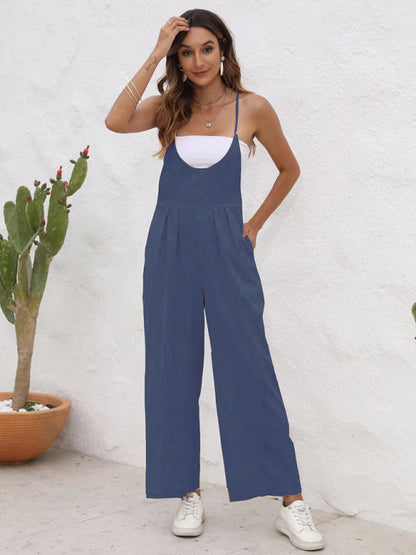 Overalls- Full-Length Bib Playsuit with Tie-Back - Women's Solid Overalls- - Pekosa Women Fashion