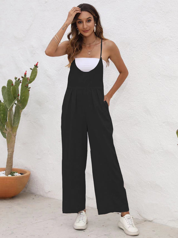 Overalls- Full-Length Bib Playsuit with Tie-Back - Women's Solid Overalls- - Pekosa Women Fashion