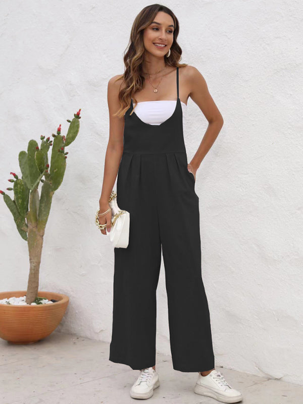 Overalls- Full-Length Bib Playsuit with Tie-Back - Women's Solid Overalls- - Pekosa Women Fashion