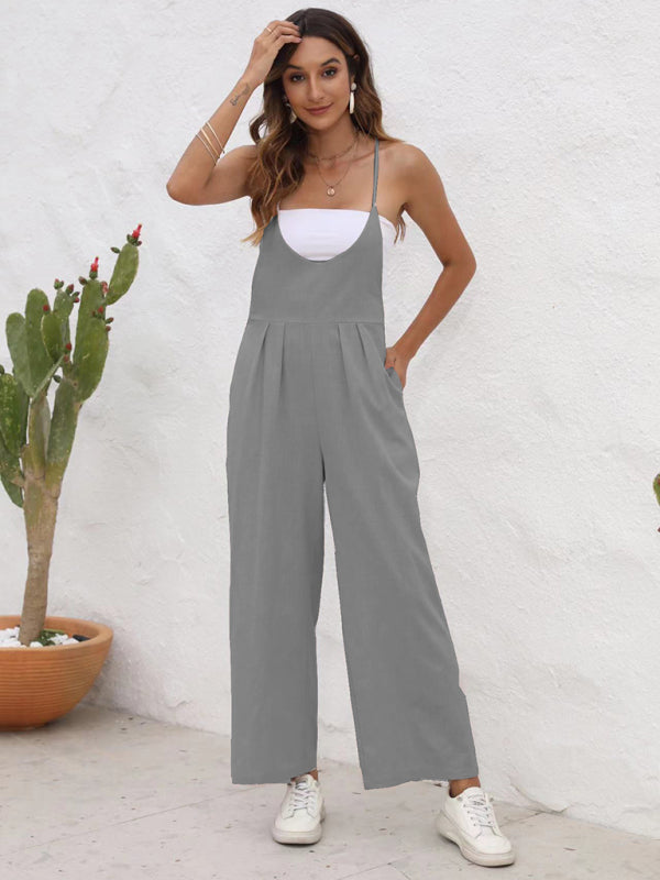 Overalls- Full-Length Bib Playsuit with Tie-Back - Women's Solid Overalls- Grey- Pekosa Women Fashion