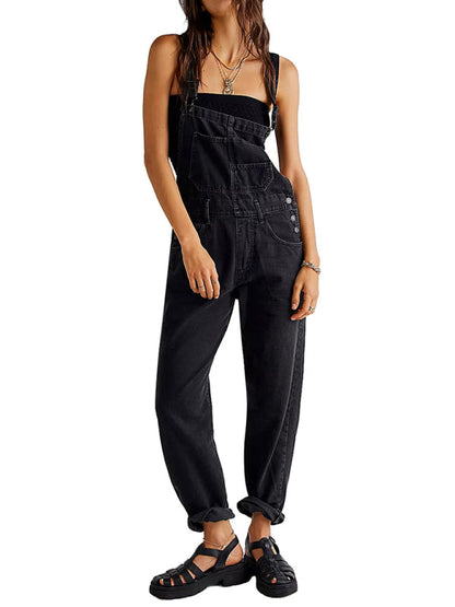 Trendy Denim Loose Fit Overalls with Square Neckline