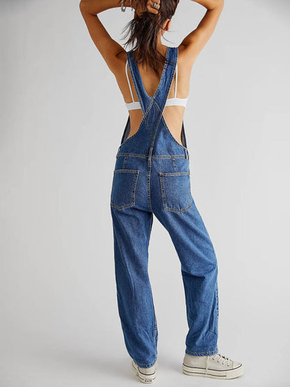 Trendy Denim Loose Fit Overalls with Square Neckline