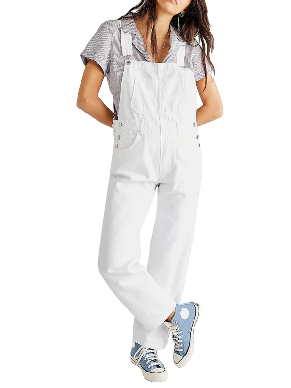 Trendy Denim Loose Fit Overalls with Square Neckline