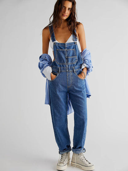 Trendy Denim Loose Fit Overalls with Square Neckline