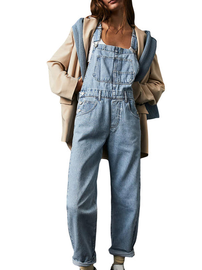 Trendy Denim Loose Fit Overalls with Square Neckline