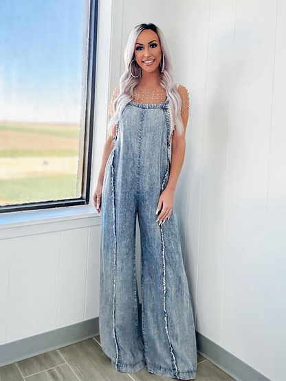 Overalls- Trendy Wide-Leg Denim Playsuit Overalls for Women- - Pekosa Women Fashion