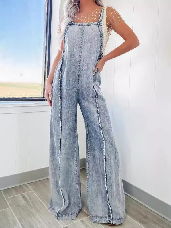 Overalls- Trendy Wide-Leg Denim Playsuit Overalls for Women- - Pekosa Women Fashion