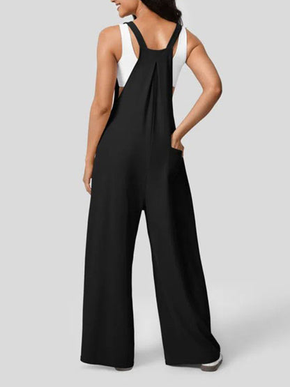 Wide-Leg Playsuit Loose Overalls for Women - Solid Utility Bib Pants