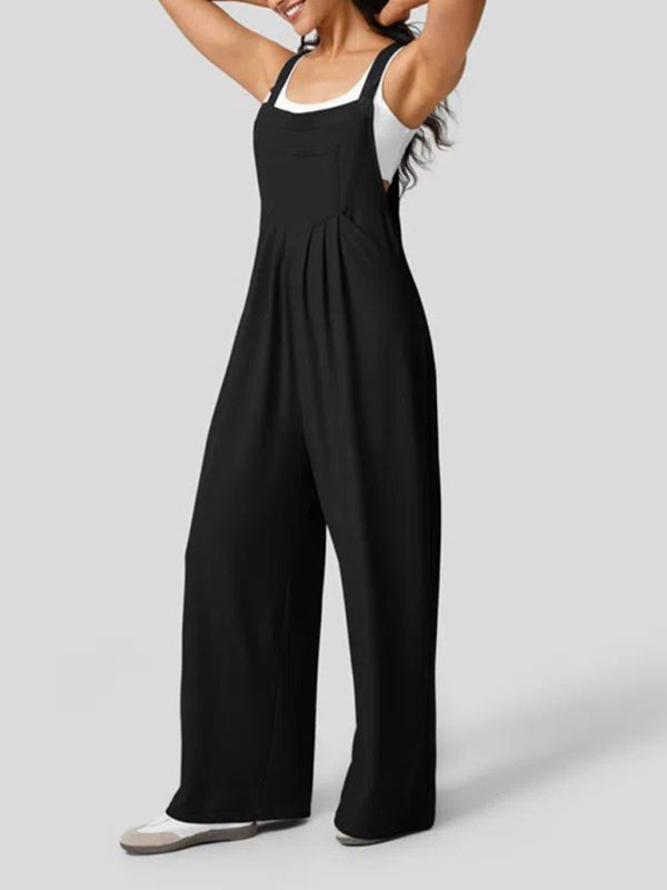 Wide-Leg Playsuit Loose Overalls for Women - Solid Utility Bib Pants