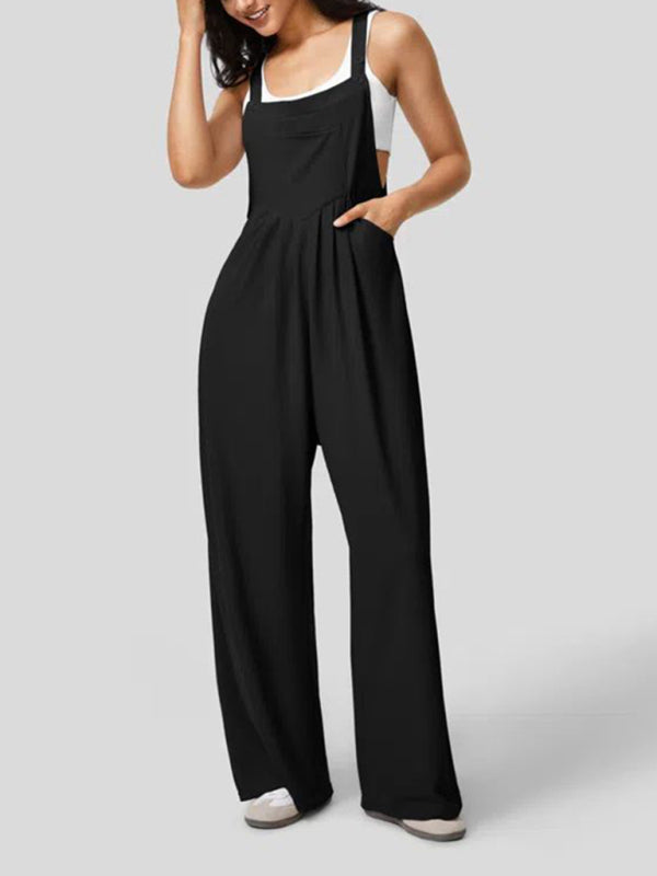 Wide-Leg Playsuit Loose Overalls for Women - Solid Utility Bib Pants