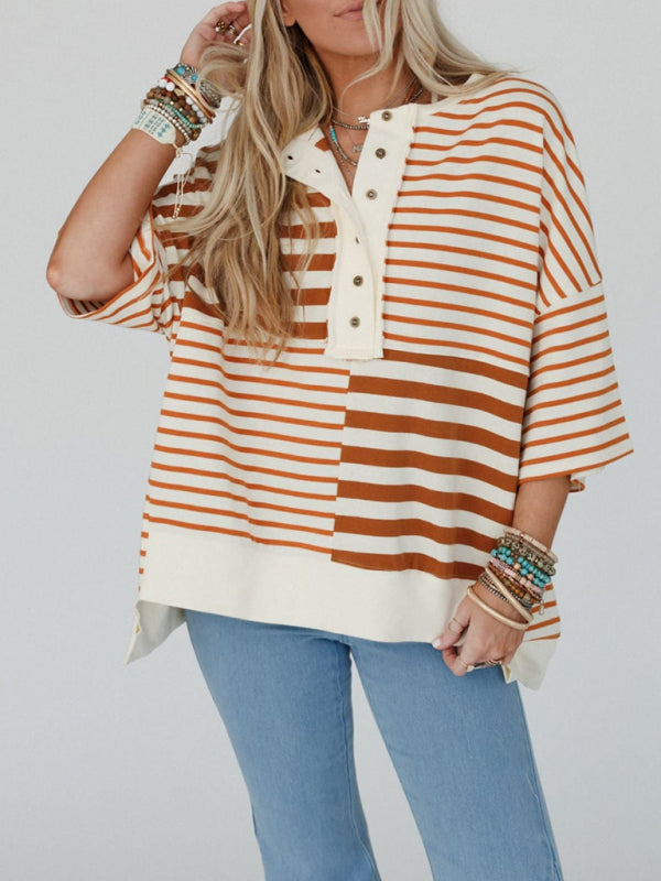 Oversize Tops - Oversized High-Low & Bold Stripes Half Button Up Pullover Top