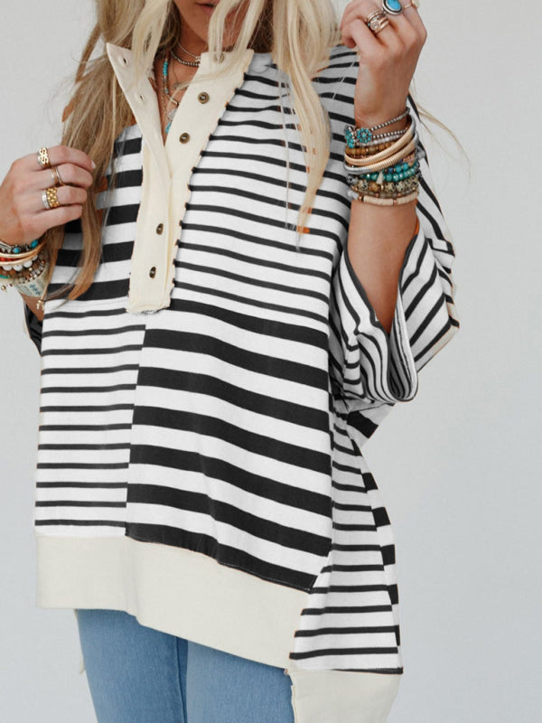 Oversize Tops - Oversized High-Low & Bold Stripes Half Button Up Pullover Top