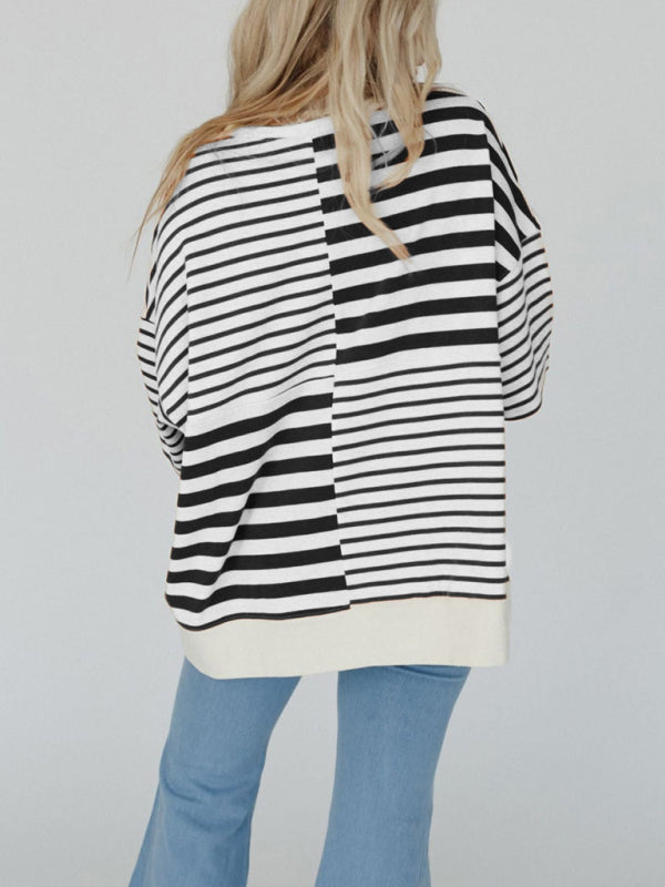 Oversize Tops - Oversized High-Low & Bold Stripes Half Button Up Pullover Top